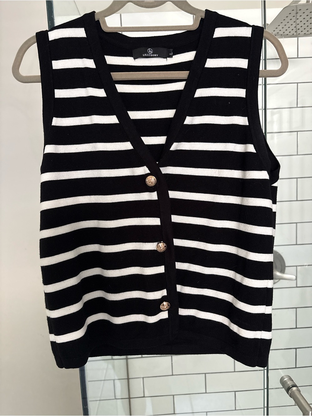 Black & White Striped V-Neck Button Front Vest